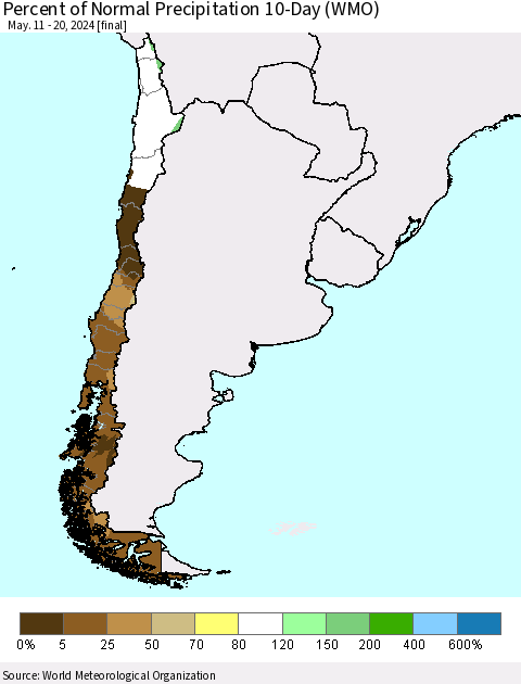 Chile Percent of Normal Precipitation 10-Day (WMO) Thematic Map For 5/11/2024 - 5/20/2024