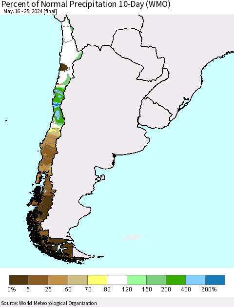Chile Percent of Normal Precipitation 10-Day (WMO) Thematic Map For 5/16/2024 - 5/25/2024