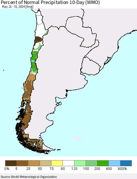 Chile Percent of Normal Precipitation 10-Day (WMO) Thematic Map For 5/21/2024 - 5/31/2024
