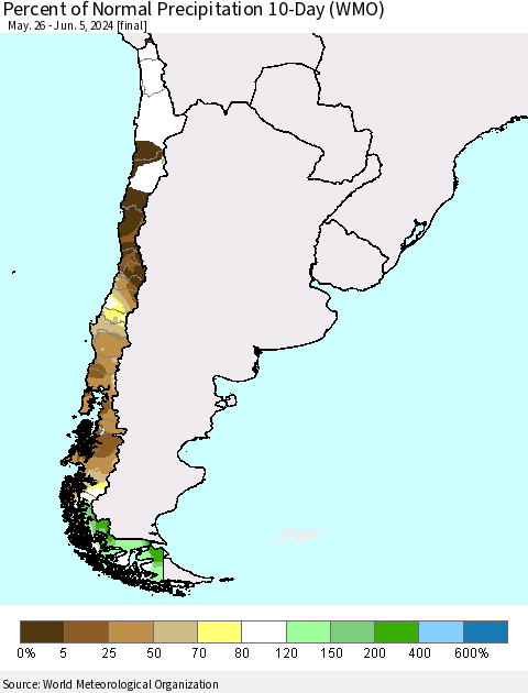 Chile Percent of Normal Precipitation 10-Day (WMO) Thematic Map For 5/26/2024 - 6/5/2024