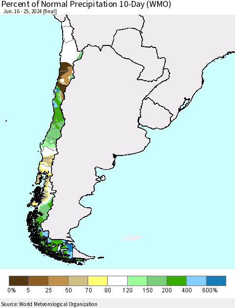 Chile Percent of Normal Precipitation 10-Day (WMO) Thematic Map For 6/16/2024 - 6/25/2024