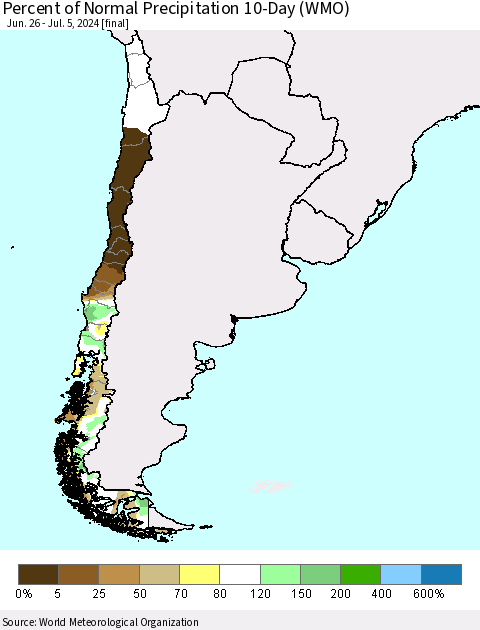 Chile Percent of Normal Precipitation 10-Day (WMO) Thematic Map For 6/26/2024 - 7/5/2024