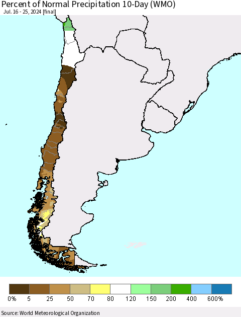 Chile Percent of Normal Precipitation 10-Day (WMO) Thematic Map For 7/16/2024 - 7/25/2024