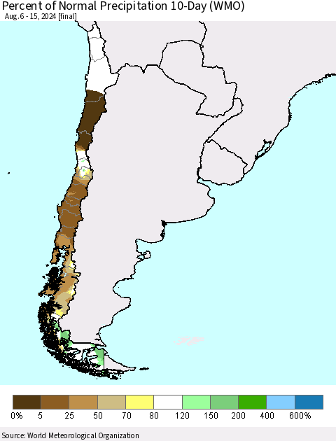 Chile Percent of Normal Precipitation 10-Day (WMO) Thematic Map For 8/6/2024 - 8/15/2024