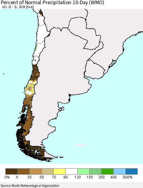 Chile Percent of Normal Precipitation 10-Day (WMO) Thematic Map For 10/21/2024 - 10/31/2024