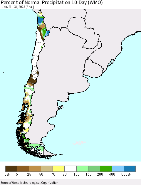 Chile Percent of Normal Precipitation 10-Day (WMO) Thematic Map For 1/21/2025 - 1/31/2025