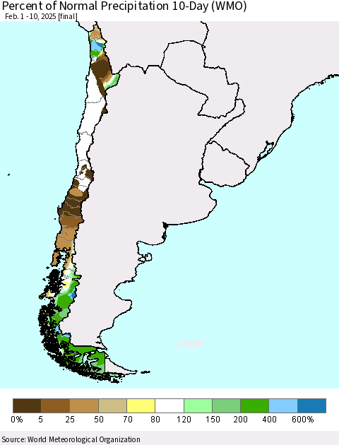 Chile Percent of Normal Precipitation 10-Day (WMO) Thematic Map For 2/1/2025 - 2/10/2025