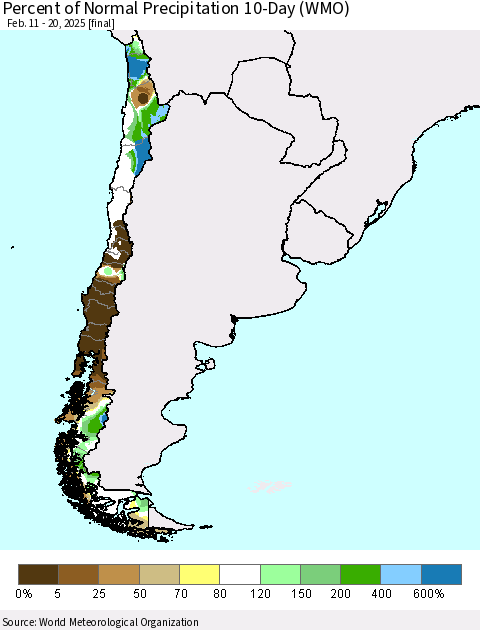 Chile Percent of Normal Precipitation 10-Day (WMO) Thematic Map For 2/11/2025 - 2/20/2025