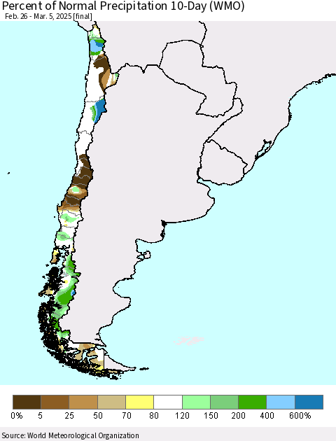 Chile Percent of Normal Precipitation 10-Day (WMO) Thematic Map For 2/26/2025 - 3/5/2025