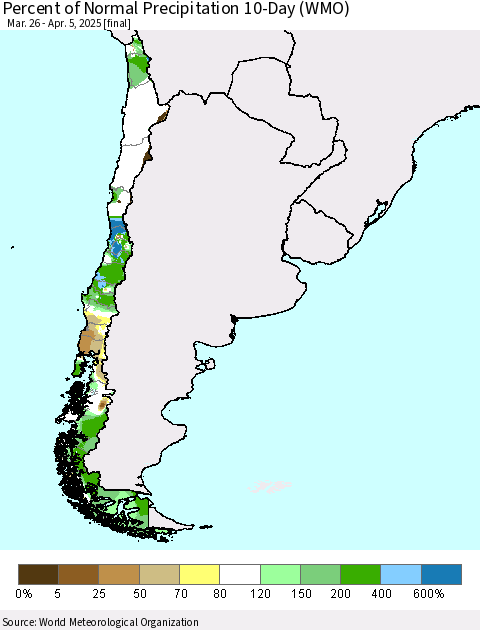 Chile Percent of Normal Precipitation 10-Day (WMO) Thematic Map For 3/26/2025 - 4/5/2025