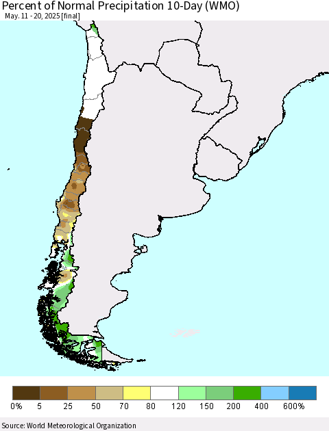 Chile Percent of Normal Precipitation 10-Day (WMO) Thematic Map For 5/11/2025 - 5/20/2025