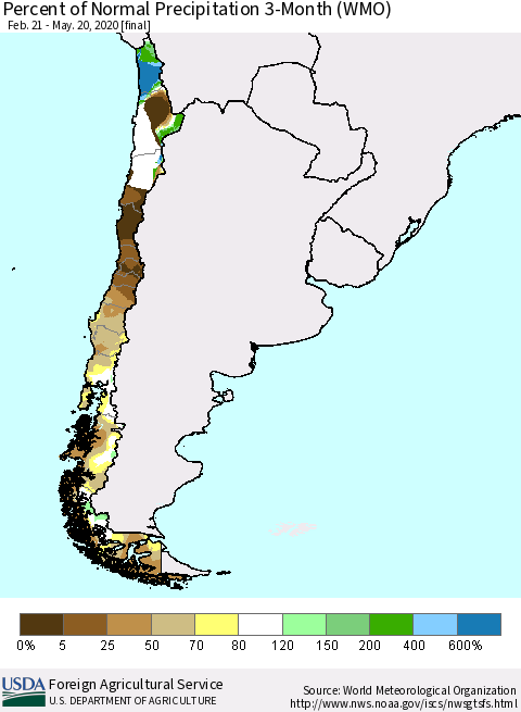 Chile Percent of Normal Precipitation 3-Month (WMO) Thematic Map For 2/21/2020 - 5/20/2020