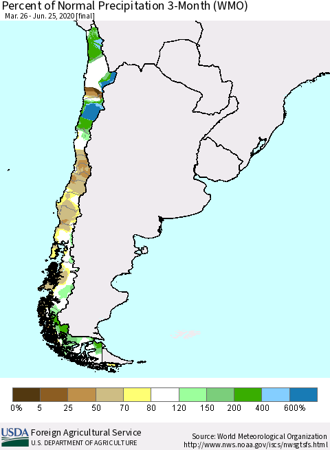 Chile Percent of Normal Precipitation 3-Month (WMO) Thematic Map For 3/26/2020 - 6/25/2020