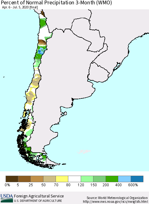 Chile Percent of Normal Precipitation 3-Month (WMO) Thematic Map For 4/6/2020 - 7/5/2020