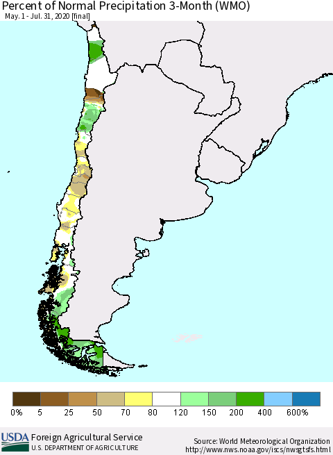 Chile Percent of Normal Precipitation 3-Month (WMO) Thematic Map For 5/1/2020 - 7/31/2020