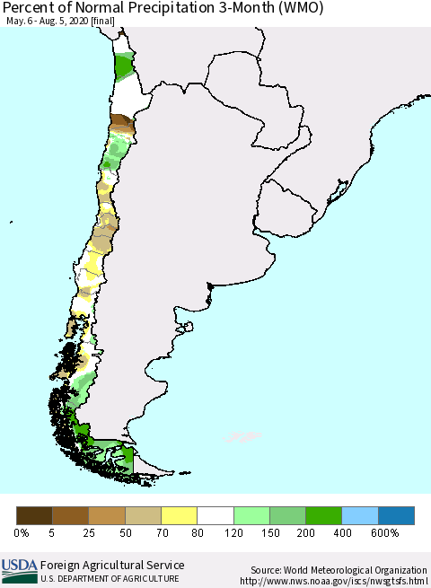 Chile Percent of Normal Precipitation 3-Month (WMO) Thematic Map For 5/6/2020 - 8/5/2020