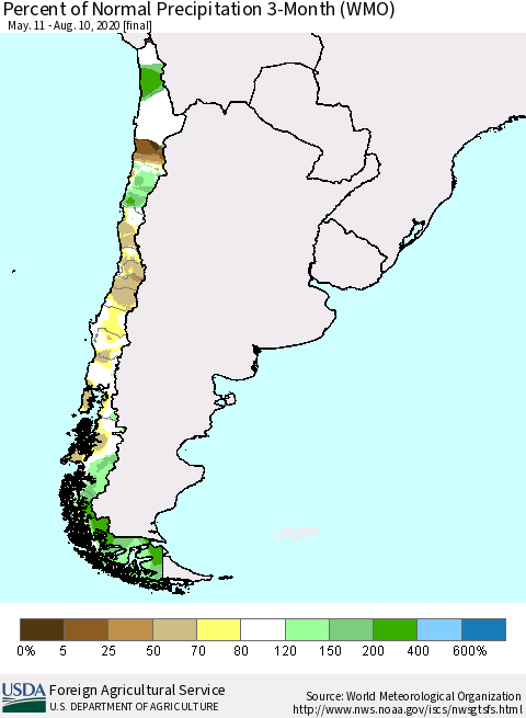 Chile Percent of Normal Precipitation 3-Month (WMO) Thematic Map For 5/11/2020 - 8/10/2020
