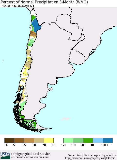 Chile Percent of Normal Precipitation 3-Month (WMO) Thematic Map For 5/26/2020 - 8/25/2020