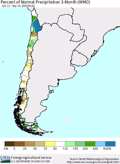 Chile Percent of Normal Precipitation 3-Month (WMO) Thematic Map For 6/11/2020 - 9/10/2020