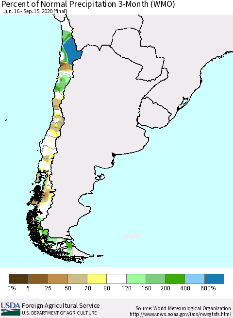 Chile Percent of Normal Precipitation 3-Month (WMO) Thematic Map For 6/16/2020 - 9/15/2020