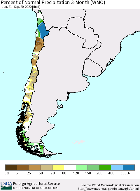 Chile Percent of Normal Precipitation 3-Month (WMO) Thematic Map For 6/21/2020 - 9/20/2020