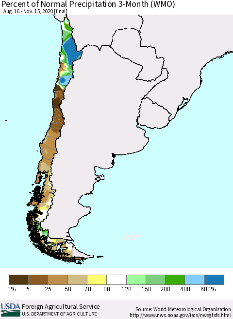 Chile Percent of Normal Precipitation 3-Month (WMO) Thematic Map For 8/16/2020 - 11/15/2020