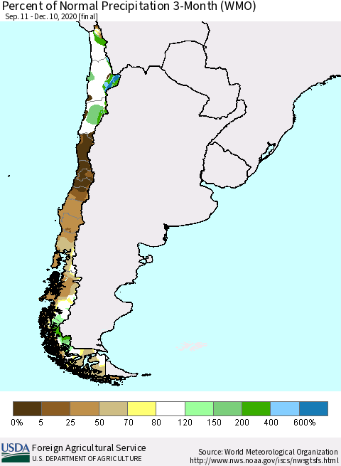 Chile Percent of Normal Precipitation 3-Month (WMO) Thematic Map For 9/11/2020 - 12/10/2020