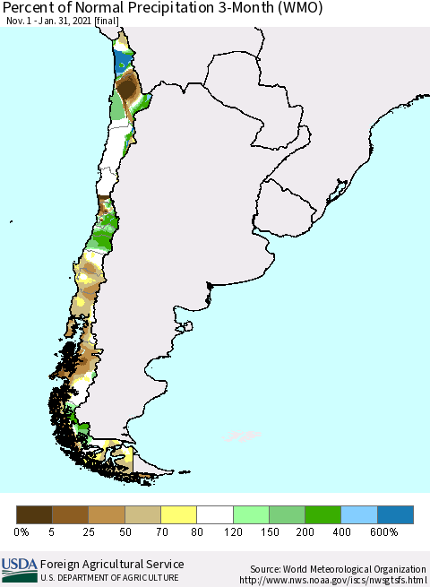 Chile Percent of Normal Precipitation 3-Month (WMO) Thematic Map For 11/1/2020 - 1/31/2021