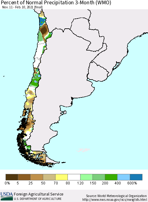 Chile Percent of Normal Precipitation 3-Month (WMO) Thematic Map For 11/11/2020 - 2/10/2021