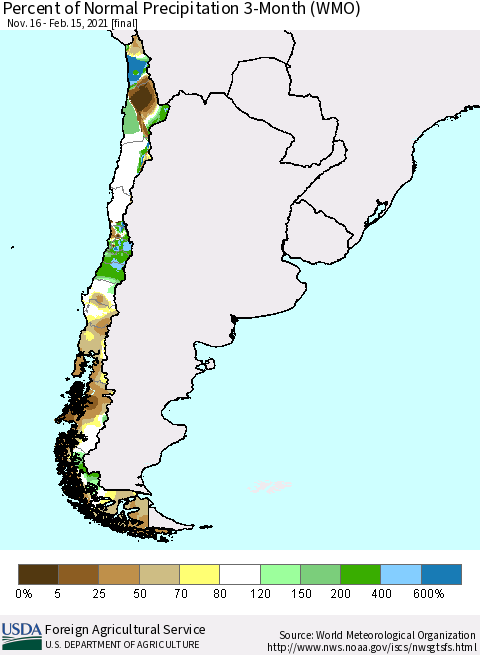 Chile Percent of Normal Precipitation 3-Month (WMO) Thematic Map For 11/16/2020 - 2/15/2021