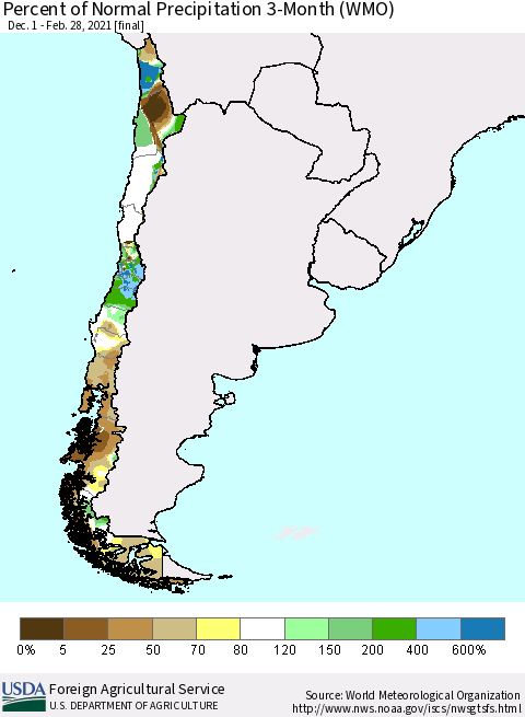Chile Percent of Normal Precipitation 3-Month (WMO) Thematic Map For 12/1/2020 - 2/28/2021