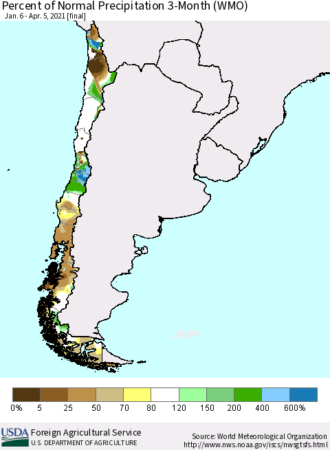 Chile Percent of Normal Precipitation 3-Month (WMO) Thematic Map For 1/6/2021 - 4/5/2021