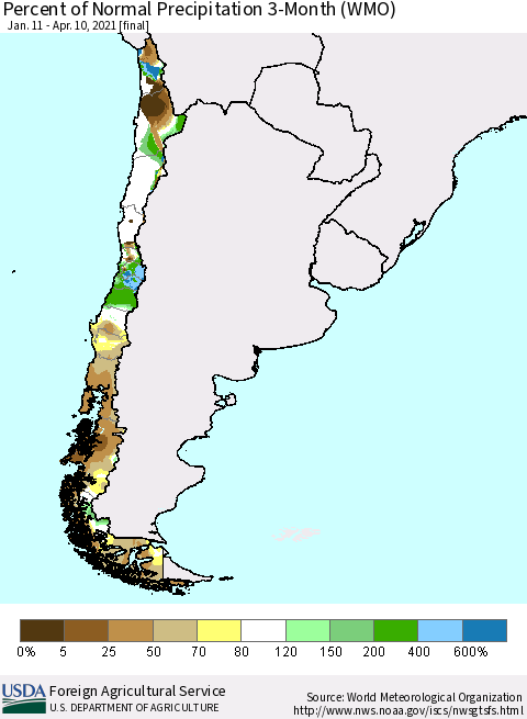 Chile Percent of Normal Precipitation 3-Month (WMO) Thematic Map For 1/11/2021 - 4/10/2021