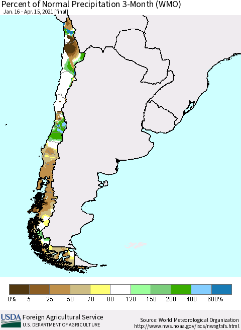 Chile Percent of Normal Precipitation 3-Month (WMO) Thematic Map For 1/16/2021 - 4/15/2021
