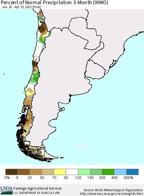 Chile Percent of Normal Precipitation 3-Month (WMO) Thematic Map For 1/26/2021 - 4/25/2021
