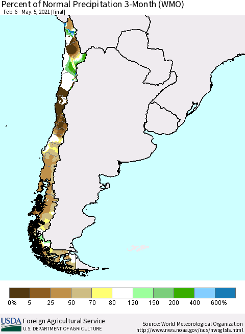 Chile Percent of Normal Precipitation 3-Month (WMO) Thematic Map For 2/6/2021 - 5/5/2021