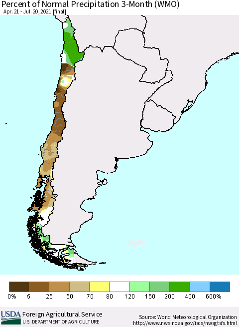 Chile Percent of Normal Precipitation 3-Month (WMO) Thematic Map For 4/21/2021 - 7/20/2021