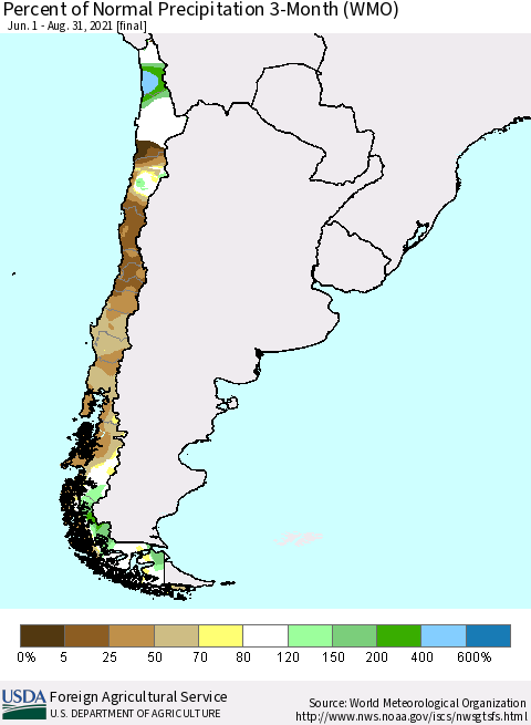 Chile Percent of Normal Precipitation 3-Month (WMO) Thematic Map For 6/1/2021 - 8/31/2021