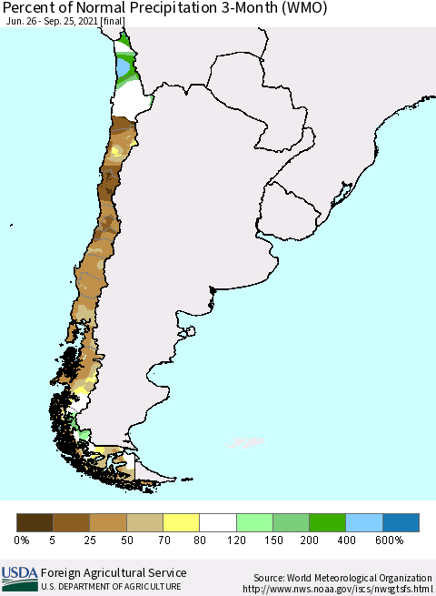 Chile Percent of Normal Precipitation 3-Month (WMO) Thematic Map For 6/26/2021 - 9/25/2021