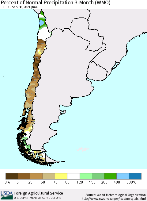 Chile Percent of Normal Precipitation 3-Month (WMO) Thematic Map For 7/1/2021 - 9/30/2021
