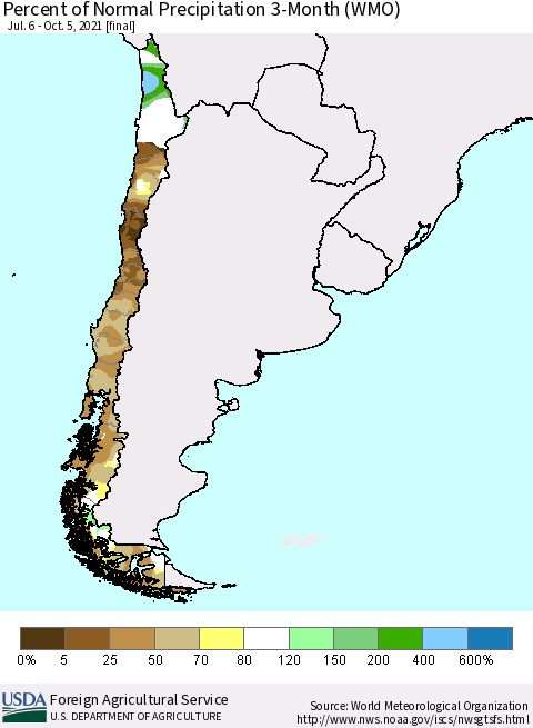 Chile Percent of Normal Precipitation 3-Month (WMO) Thematic Map For 7/6/2021 - 10/5/2021