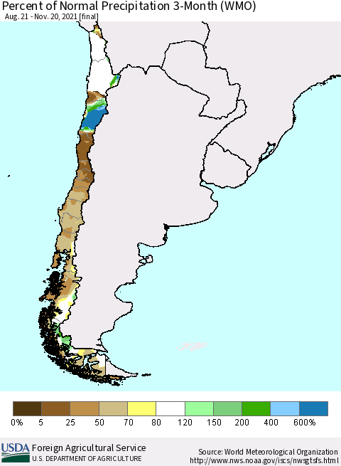 Chile Percent of Normal Precipitation 3-Month (WMO) Thematic Map For 8/21/2021 - 11/20/2021
