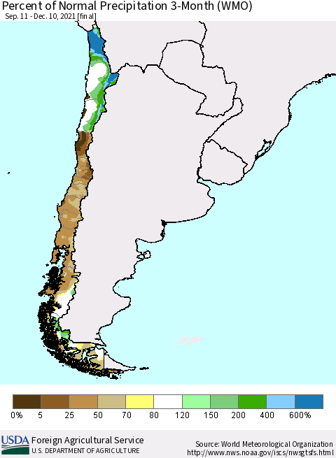 Chile Percent of Normal Precipitation 3-Month (WMO) Thematic Map For 9/11/2021 - 12/10/2021