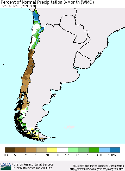 Chile Percent of Normal Precipitation 3-Month (WMO) Thematic Map For 9/16/2021 - 12/15/2021
