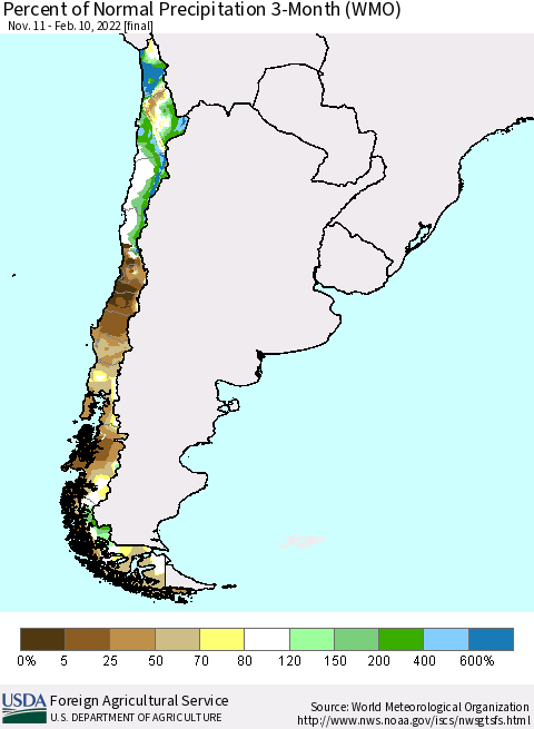 Chile Percent of Normal Precipitation 3-Month (WMO) Thematic Map For 11/11/2021 - 2/10/2022
