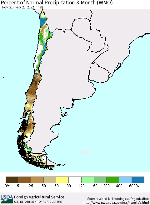 Chile Percent of Normal Precipitation 3-Month (WMO) Thematic Map For 11/21/2021 - 2/20/2022