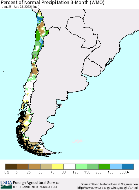 Chile Percent of Normal Precipitation 3-Month (WMO) Thematic Map For 1/26/2022 - 4/25/2022