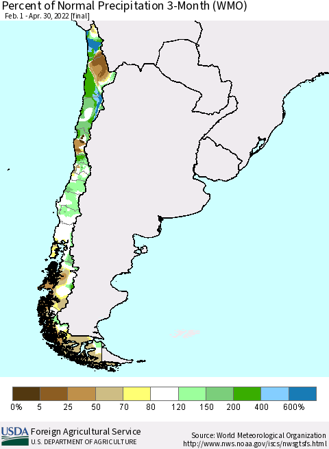 Chile Percent of Normal Precipitation 3-Month (WMO) Thematic Map For 2/1/2022 - 4/30/2022