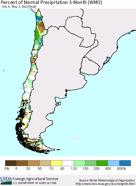 Chile Percent of Normal Precipitation 3-Month (WMO) Thematic Map For 2/6/2022 - 5/5/2022