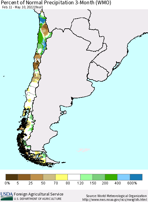 Chile Percent of Normal Precipitation 3-Month (WMO) Thematic Map For 2/11/2022 - 5/10/2022